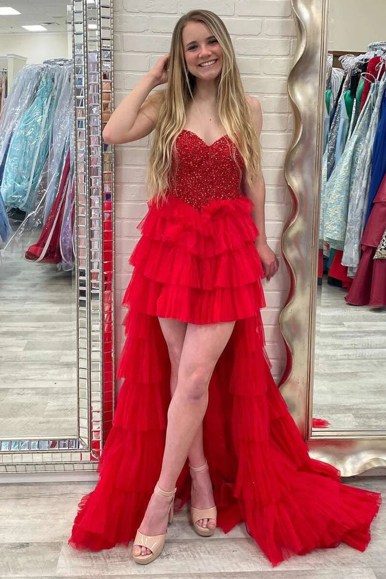 Vestido de fiesta alto-bajo con hombros descubiertos, dulce, de varios niveles